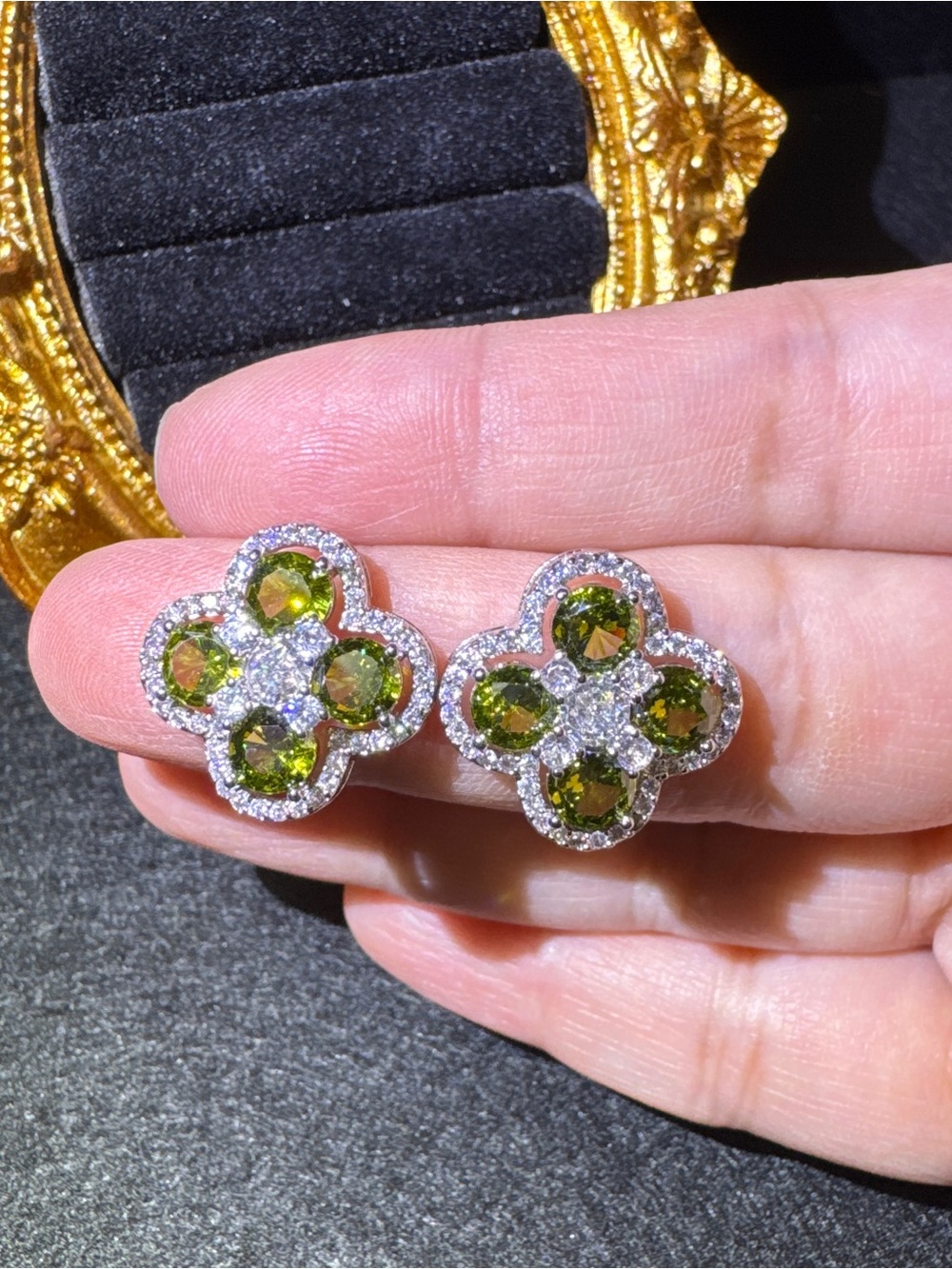 S925 Posts  Green CZ Four Leaf Clover Stud Earrings